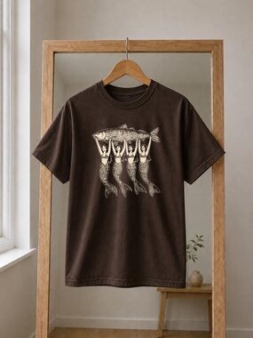 Mermaids Holding Fish Graphic Tee Coastal Nautical Dark Chocolate Unisex T-Shirt